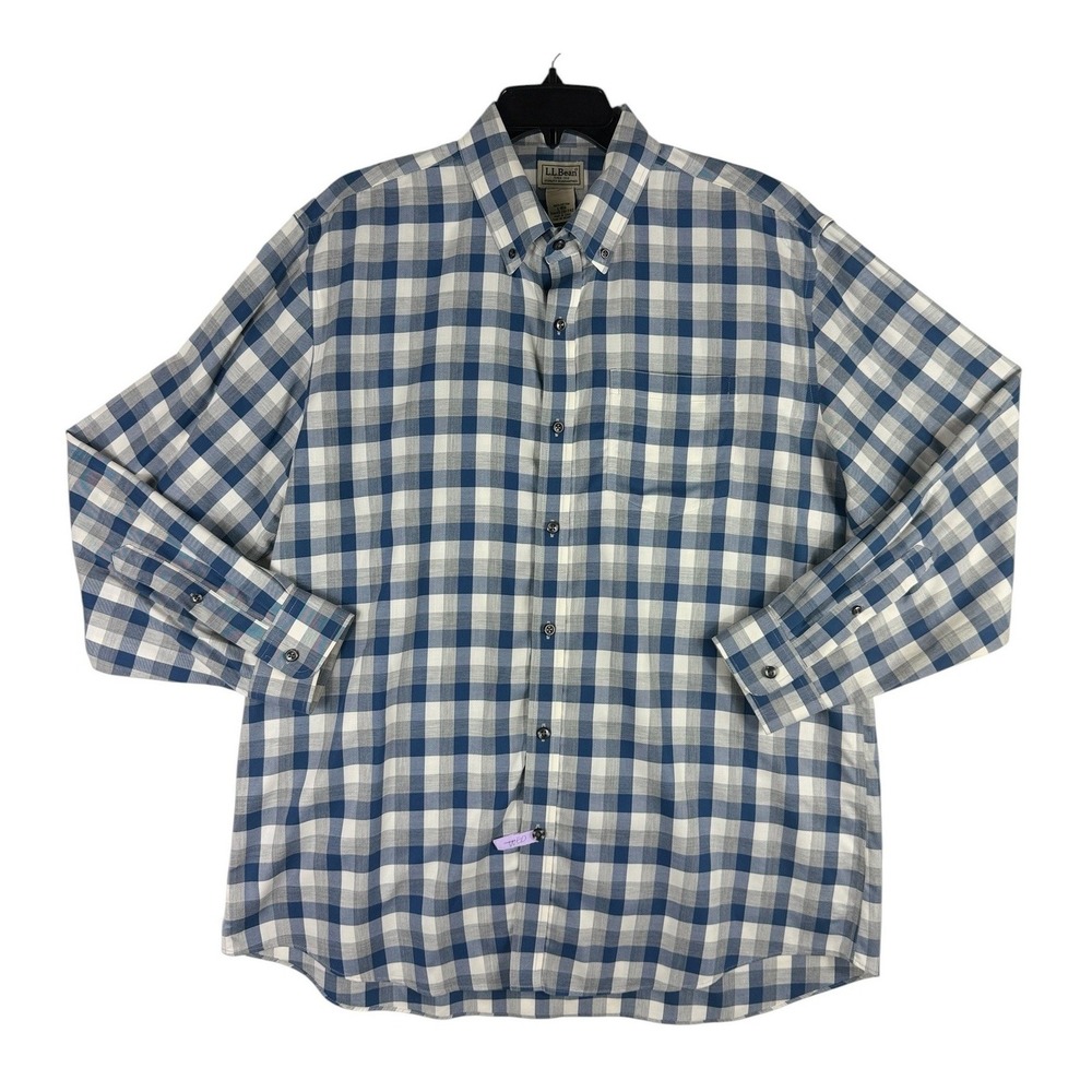 LL‎ Bean Mens Large Blue Gingham Wrinkle Resistant Cotton Button Down Shirt